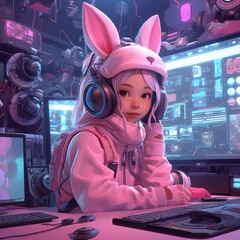 a girl wearing a pink bunny garment and headphones. Generative AI Art.