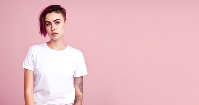 Young rebellious punk woman with white t-shirt as mockup template (Generative AI)