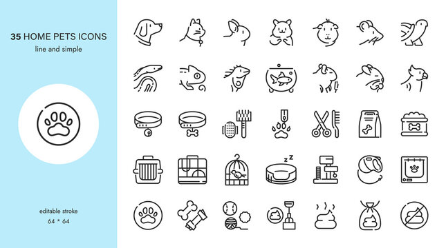 Home Domestic Pets Icons Set. Cat, Dog, Rabbit, Hamster, Guinea Pig, Rat, Turtle, Fish, Lizard and pet accessories - toys, food, cages. Editable Outline Collection.	
