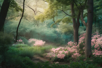 lush forest with pastel pink and pastel green leaves