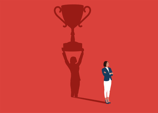Businesswoman dreams of award for winning business success. Confident handsome young girl standing winner shadow. Flat vector illustration