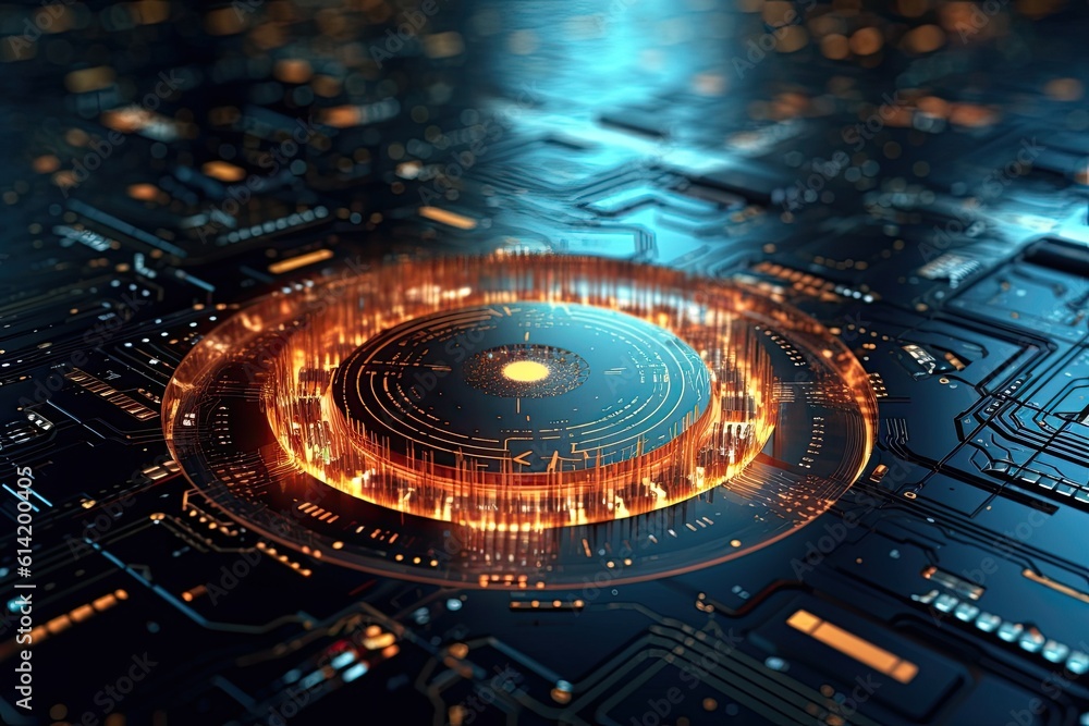 Poster futuristic abstract circular technology background. digital hologram screen.generative ai