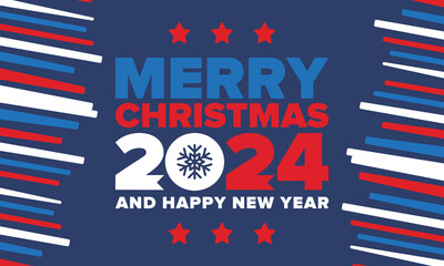 Merry Christmas and Happy New Year 2024. Magic holiday poster with snowflake. Winter celebration event. Christmas party. Congratulation card. Festive design template. Vector illustration
