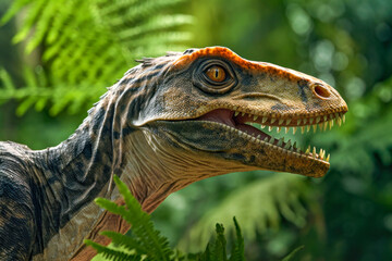 Velociraptor dinosaur portrait. Generative AI