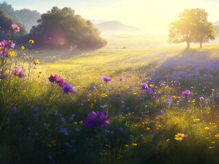 wild flowers background with morning landscape ,generative ai