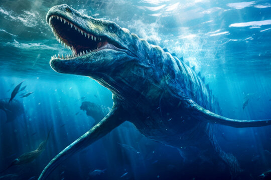 Mosasaurus extinct reptile illustration, underwater. Generative AI