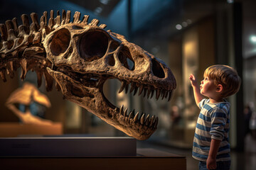 Child looking at a dinosaur skeleton in a museum, field trip, education. Generative AI - obrazy, fototapety, plakaty