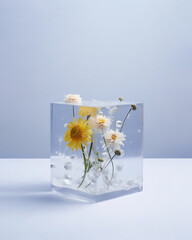 Yellow and white flowers frozen in an  ice cube on isolated pastel blue background. Greeting or gift card. Minimal contemporary blooming concept. Generated by artificial intelligence.