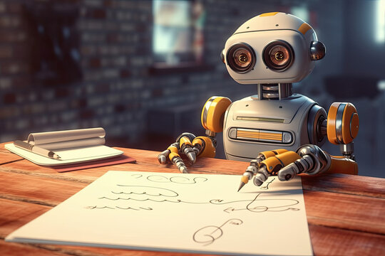 illustracion de un robot escribiendo en una hoja en blanco, sobre mesa de madera en habitaci&oacute;n con paredes de ladrillo