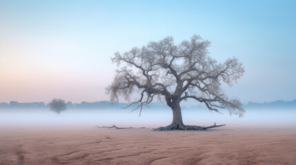 Silent Majesty: A Minimalist Landscape Graced by a Weathered Oak. Generative AI