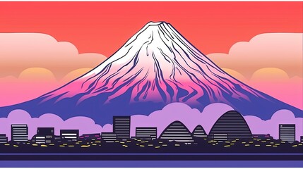 Fototapeta na wymiar Modern ukiyoe style illustration of a city scape with a background of a snow capped volcanic mountain.