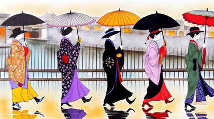 Modern style ukiyo-e print of five traditonally dressed japanese woman marching in a line carrying parasols. 