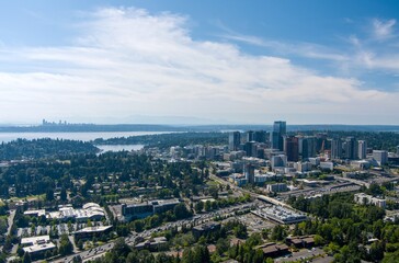 Fototapeta na wymiar Aerial view of Bellevue, Washington and the Seattle skyline in June