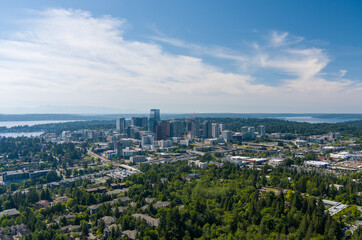 Aerial view of Bellevue, Washington and the Seattle skyline in June