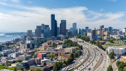 Fototapeta premium Aerial view of Seattle, Washington on a sunny day in June
