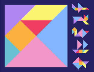 Tangram (Chinese dissection puzzle). Set of cards for talent development. Seven pieces of different geometric shapes: triangles, square, and parallelogram Vector.