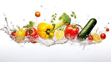 Fresh vegetables falling into water with splash isolated on white background. Healthy food concept. By Generative AI.