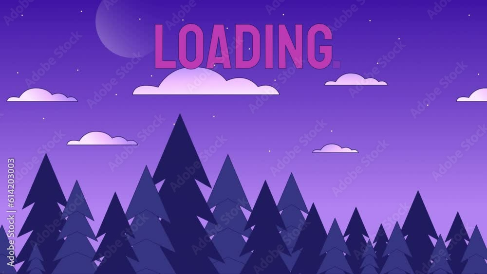 Poster night in woods loader animation. cloudy sky above fairy forest skyline. cloudscape. flash message 4k