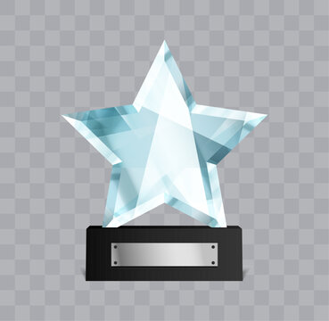 Star shape winner glass trophy. Crystal prize. First place award vector illustration