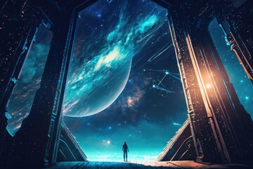 a man on a space station of the future looks at the planets and stars of the galaxy