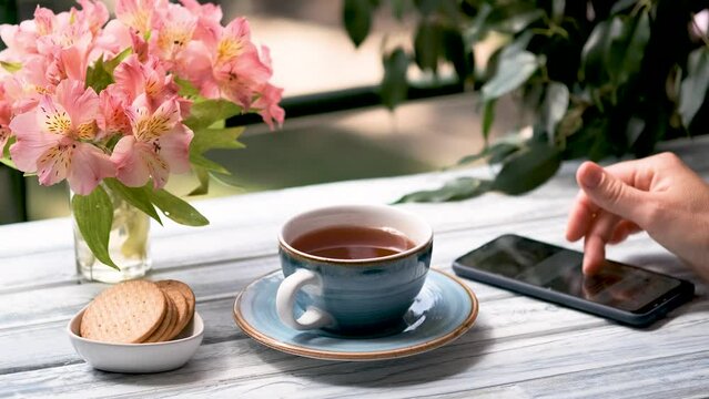 Young beautiful woman in street cafe, restaurant terrace taking black tea and using mobile phone. Break time, sunny day. Girl with finger flips pages on social networks and waits for girl or boyfriend