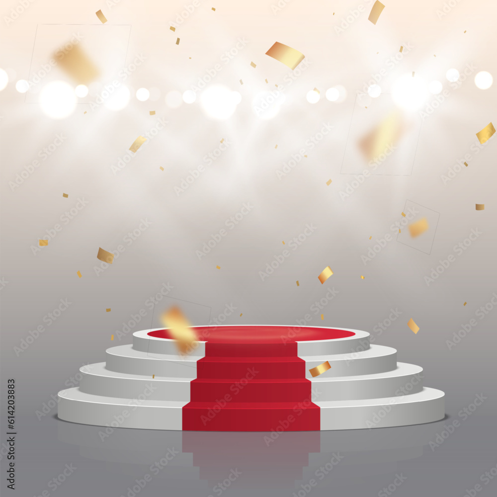 Poster Empty white stage with red carpet and with gold confetti. Winner vector background