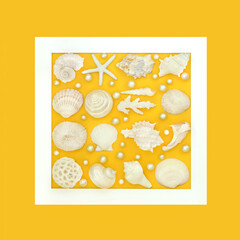 Seashell and oyster pearl decorative abstract design. Natural nature sea life decoration on yellow...
