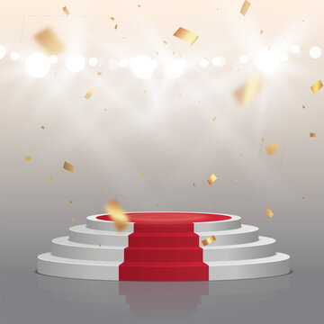 Empty white stage with red carpet and with gold confetti. Winner vector background