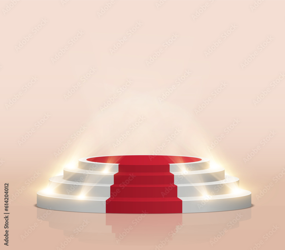 Poster empty white stage with red carpet and with spotlights. winner vector background