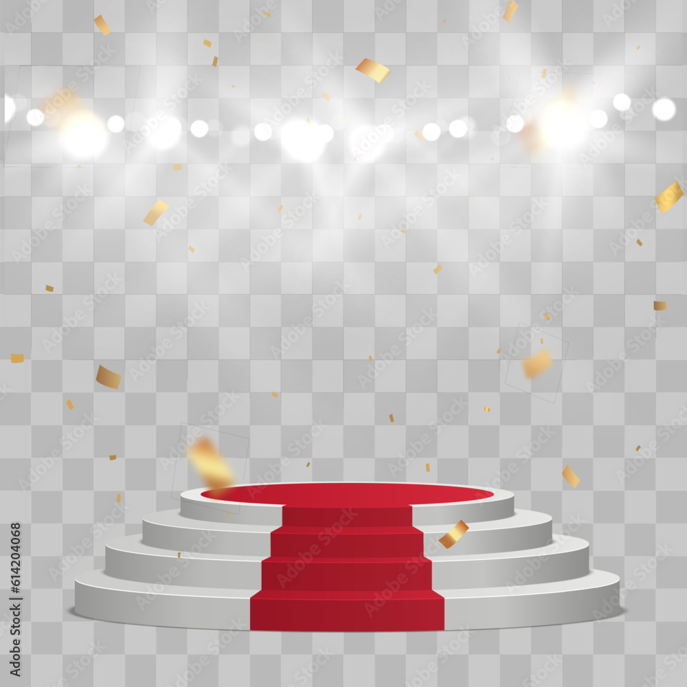 Poster Empty white stage with red carpet and with gold confetti. Winner vector background