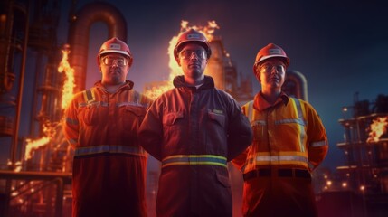 Obraz premium industry team Engineers of oil rigs, petrochemical, electricity, three people, arms crossed, background, petrochemical, electric, gas rig.