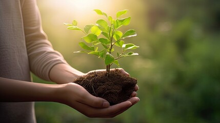 Hand of woman holding young plant in sunshine and green nature background. Generative ai