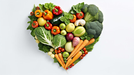 Heart shape made of fresh vegetables on white background. Healthy food concept. By Generative AI.