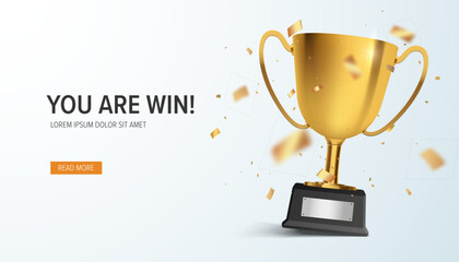 Winner banner. Gold realistic trophy cup with confetti. Vector award nomination background. - 614204843