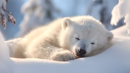 Fototapeta na wymiar Cute Polar Bear Cub takes a nap in the Sun