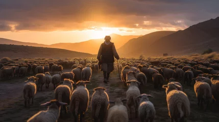 Fototapeten Guided by Twilight: A Shepherd's Evening Walk. Generative AI © Sascha