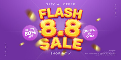 8 august shopping day flash sale design with 3D style editable text effect