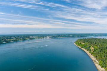 Aerial view of Point Defiance and the Tacoma Narrows in June