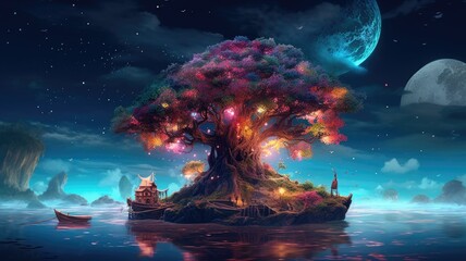 Fototapeta na wymiar Beautiful illustration of a huge mystical tree in a fantasy world. Generative AI.