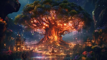 Obraz na płótnie Canvas Beautiful illustration of a huge mystical tree in a fantasy world. Generative AI.