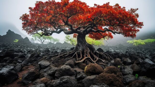 Beautiful illustration of a red tree growing on black rocks. Generative AI.