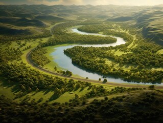 Beautiful landscape of the river. Generative AI.