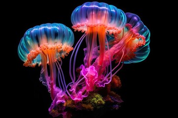 Naklejka premium Multi-colored jellyfish on a black background. Generative AI.