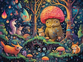 Obraz premium Fairy tale illustration of various abstract animals. Generative AI.