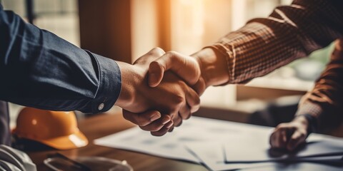 Architect and engineer construction workers shaking. Generative Ai