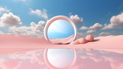 3d render. Abstract fantastic background. Surreal fantasy landscape. Pink desert with lake and geometric mirror under the blue sky with white clouds. Modern minimal wallpaper