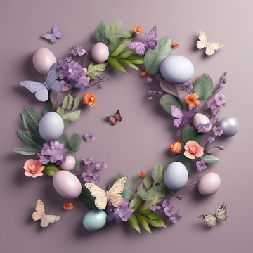  Blank free space in the middle surrounded by easter color purple butterfly purple pastel background, AI Generated Art.
