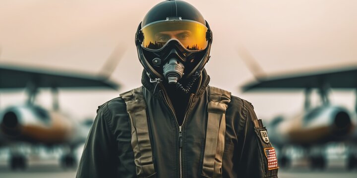 Fighter pilot at airfield on mission standby. Generative Ai