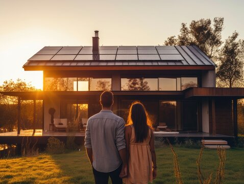 Back view of young couple standing and looking at modern house with solar panels on roof. created with Generative AI