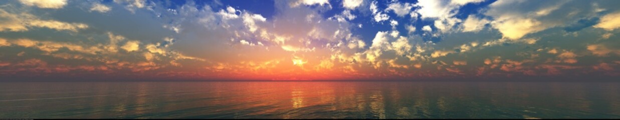 Panorama of sea sunset, ocean sunrise, seascape, 3d rendering
